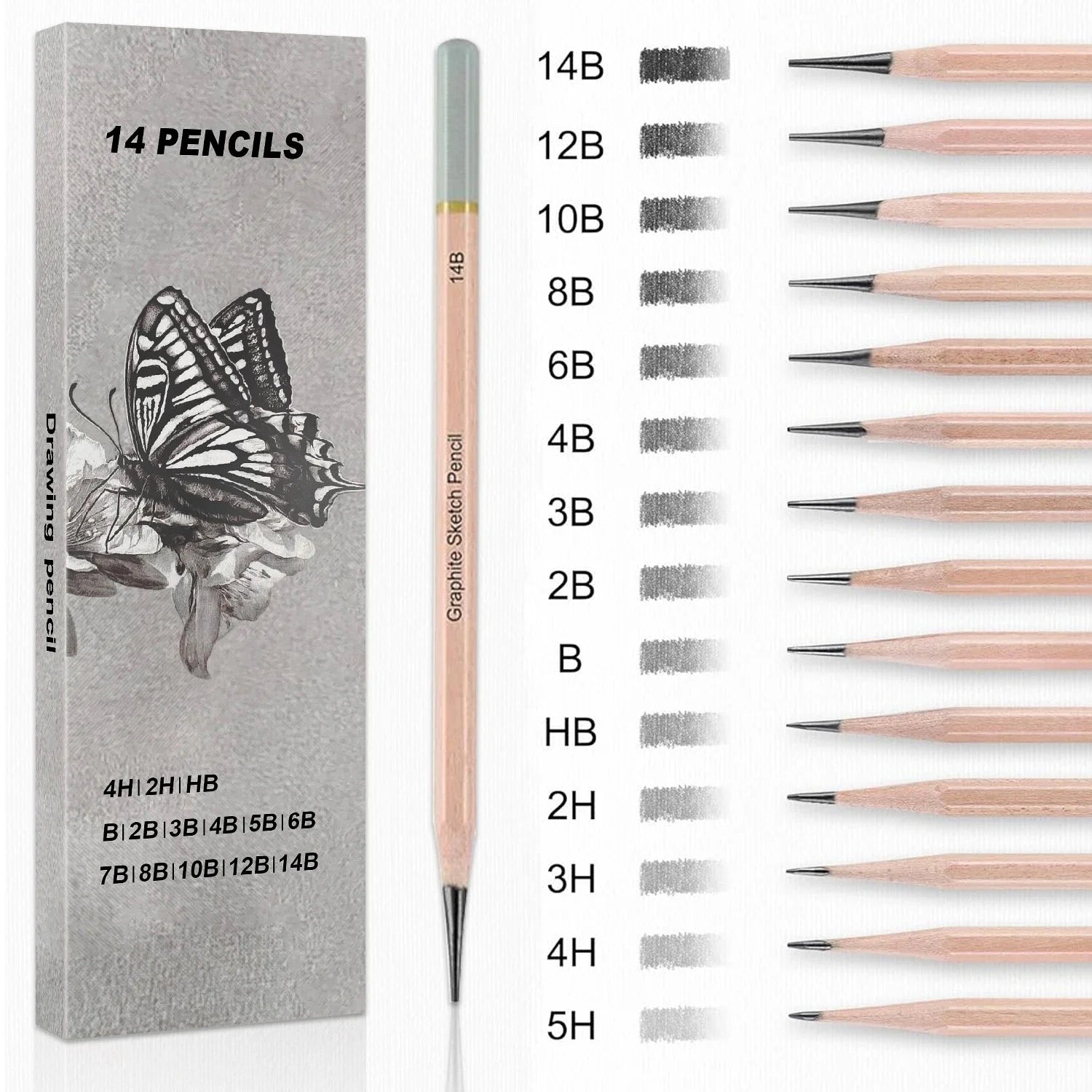 6/29 pcs Pro Sketching Drawing Pencils Set with Roll-Up Nylon Case,14 Graphite Pencils (14B-5H), Charcoal Pencils,Erasers