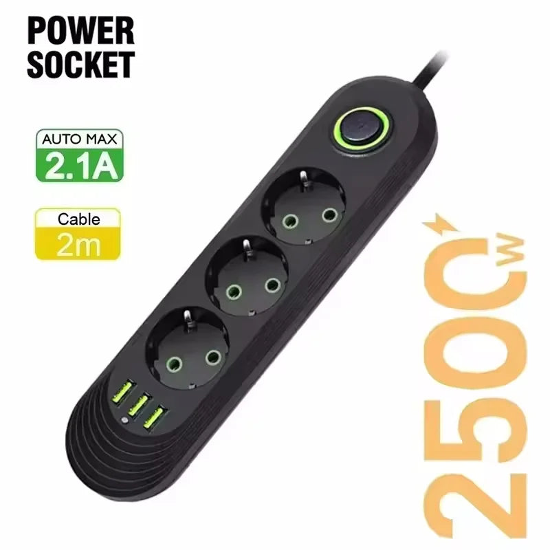 2500W EU Plug AC Outlet Multiprise Power Strip 2m Extension Cord Electrical Socket Network Filter With USB Ports Fast Charging