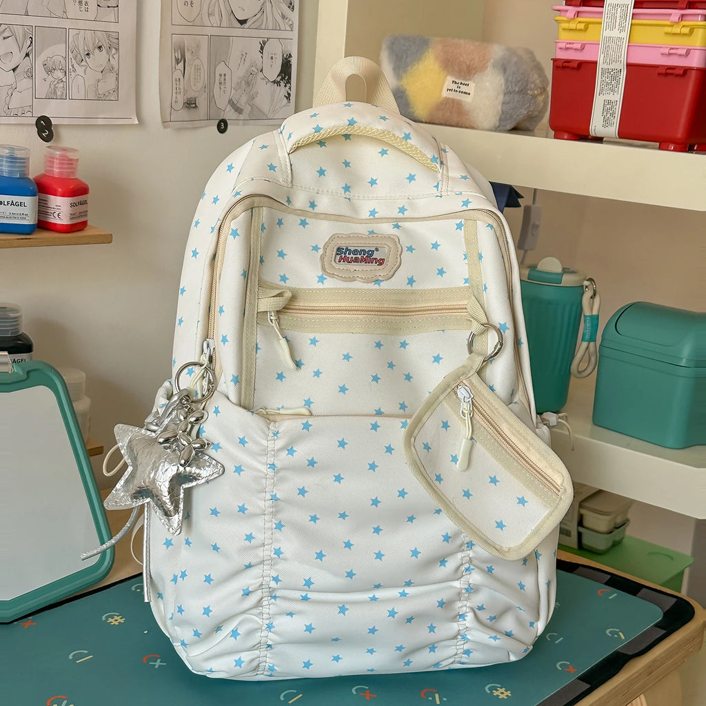 Women's Nylon Star Print Transparent Pocket Backpack Cute Casual Daily School Book Back Packs 2026 Girls Nylon Cute Backpacks