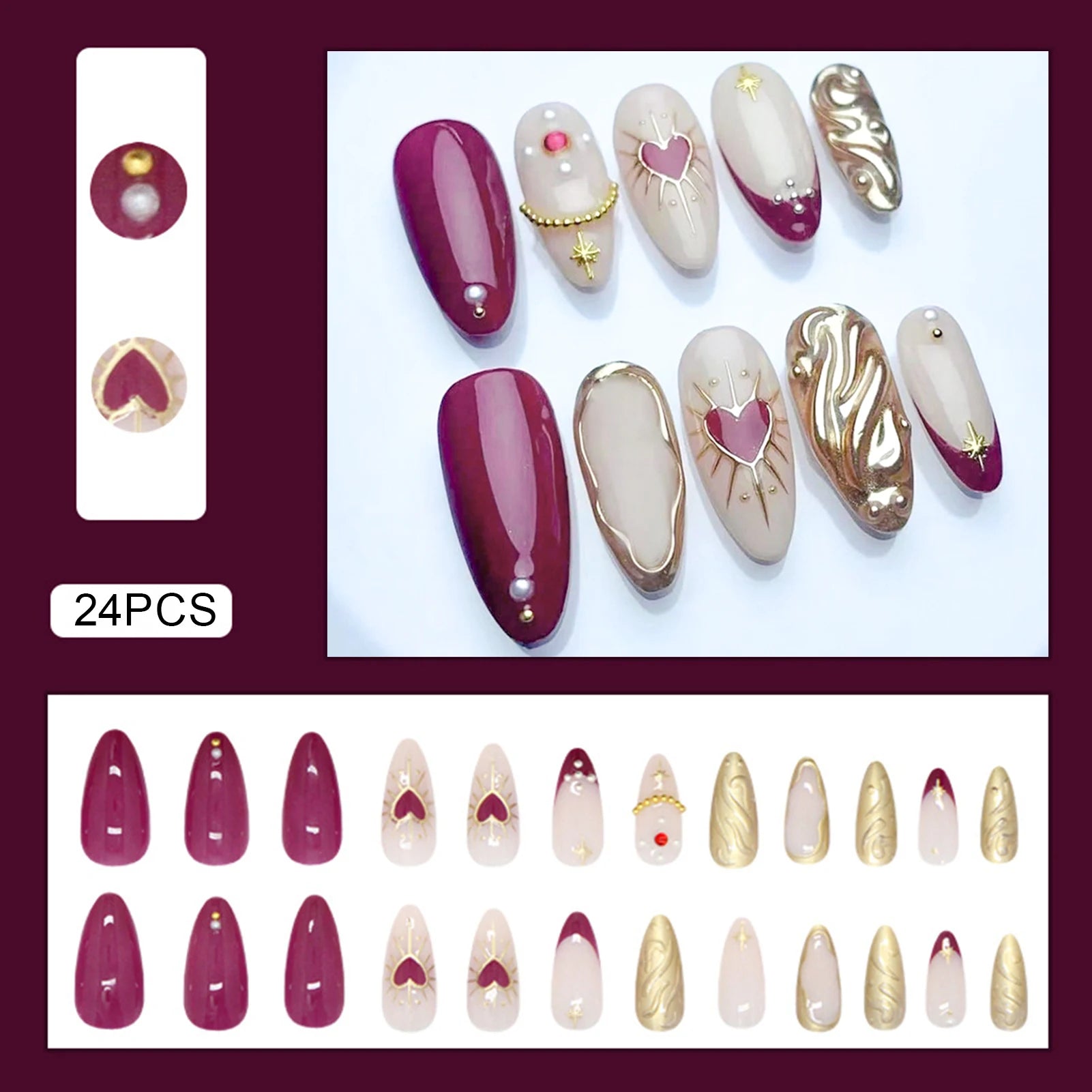 24pcs Deep Red Simple French Fake Nails Baroque Starry Ins Press on Nails For Women Wearable Detahcble Short Almond Fake Nails
