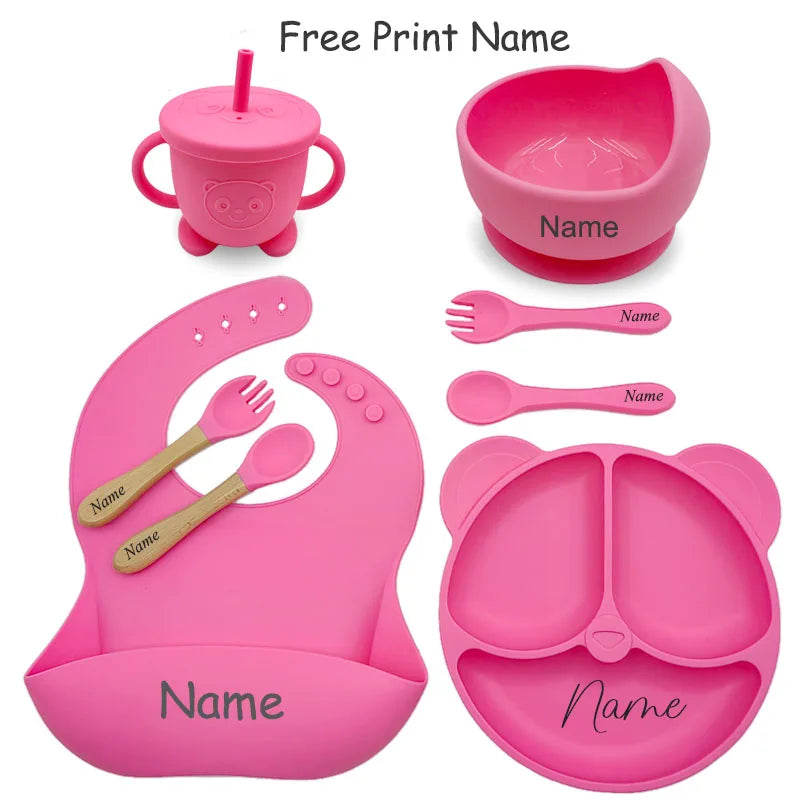 Baby Feeding Plate For Kids Personalized Baby's Name Feeding Sets Cartoon Bear Plate Customized Silicone Tableware For Children