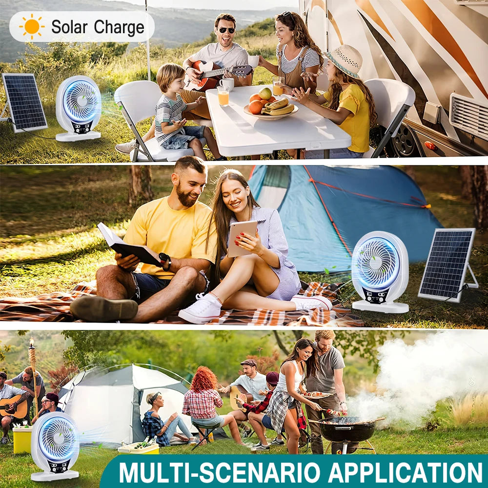 Portable Solar Fan Rechargeable Solar Powered Camping Fan with LED Bulb USB Ports Home Office Cooling Air Fan