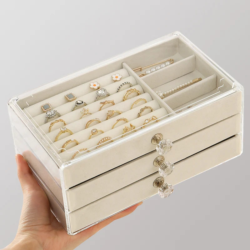 1PC Stackable 3 Layers Drawer Style Jewelry Box Beige Gray Desktop Storage Organizer for Earrings Rings Necklaces Bracelets