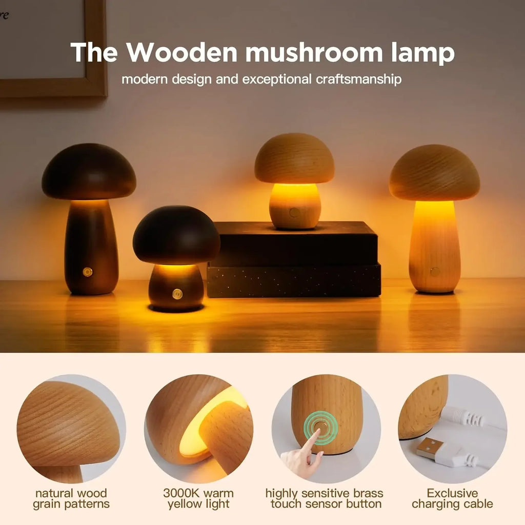INS Wooden Creative Mushroom Night Light Stepless Dimming Bedside Table Lamp 3 Color Rechargeable Sleeping Nightlights For Room