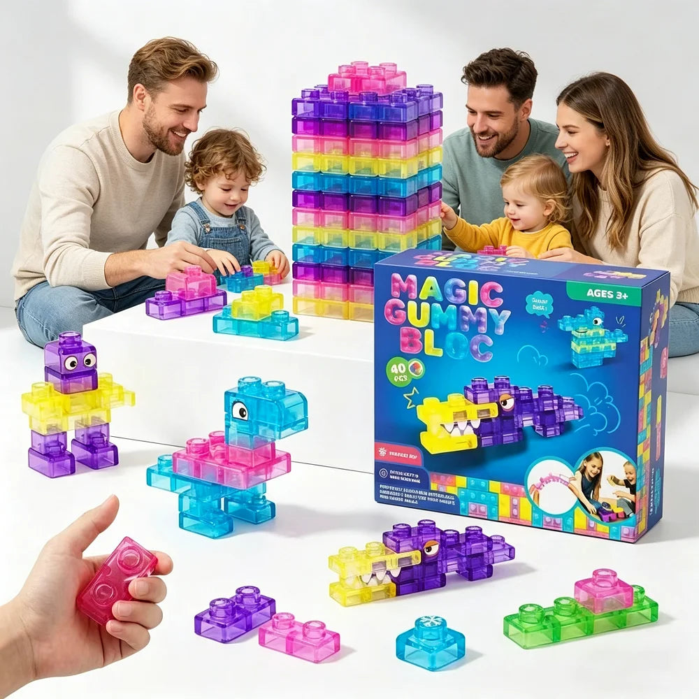 40PCS Magic Gummy Bloc Soft Building Blocks for Kids, Food-Grade TPE Sensory Stacking Toys, Transparent Jelly Bricks, Educationa