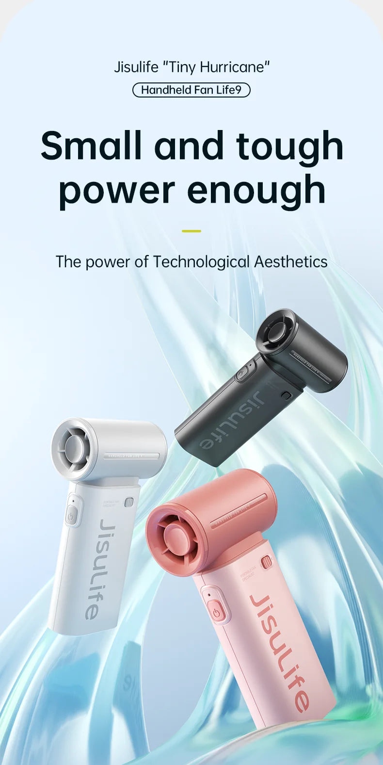 JISULIFE Handheld Turbo Fan, Super Strong Wind, 5 Speeds, Long Battery Life, 5000mAh USB Rechargeable, Multipurpose Pocket Fan