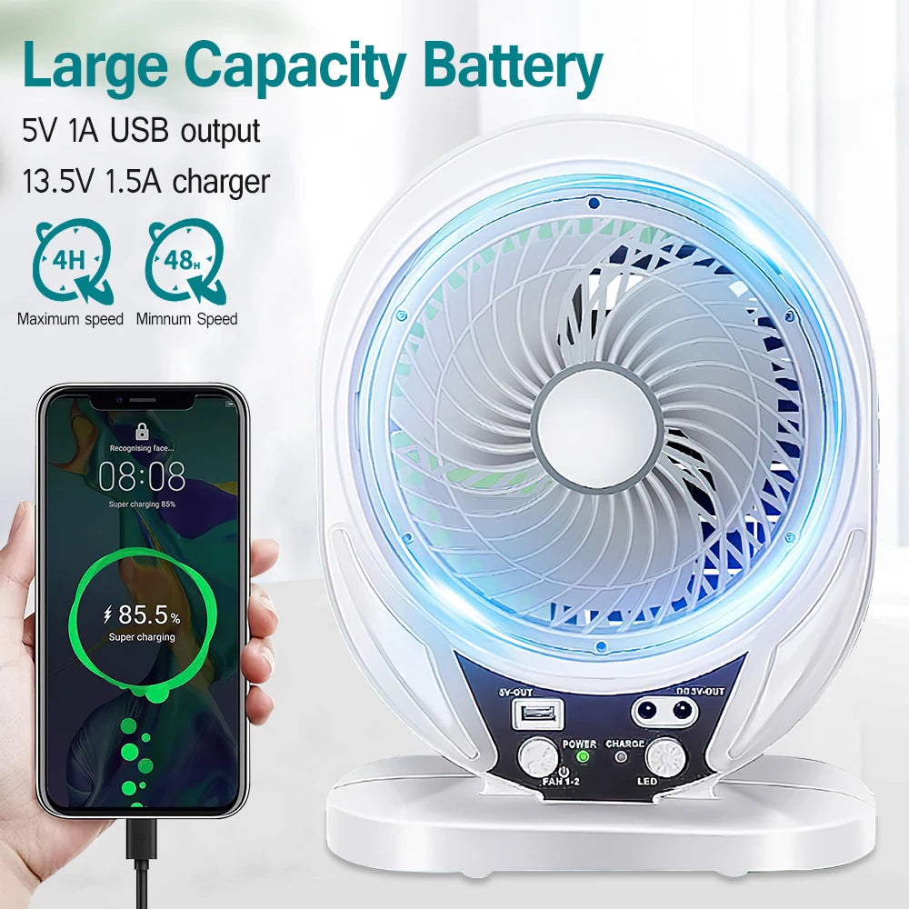 Portable Solar Fan Rechargeable Solar Powered Camping Fan with LED Bulb USB Ports Home Office Cooling Air Fan