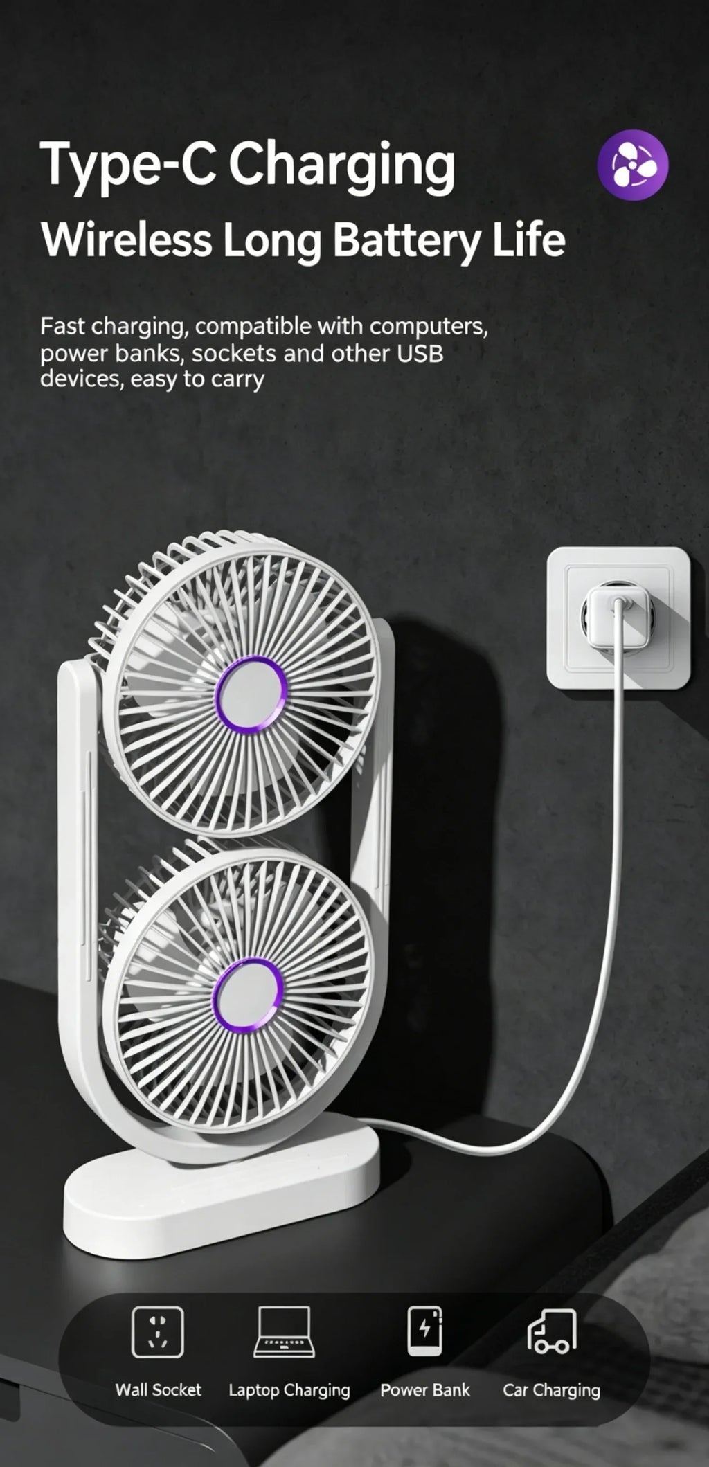 Portable Turbo Desk Fan 3 Speeds Ultra Quiet Type-C Rechargeable Dual Head Air Circulation Fan for All USB Power Sources