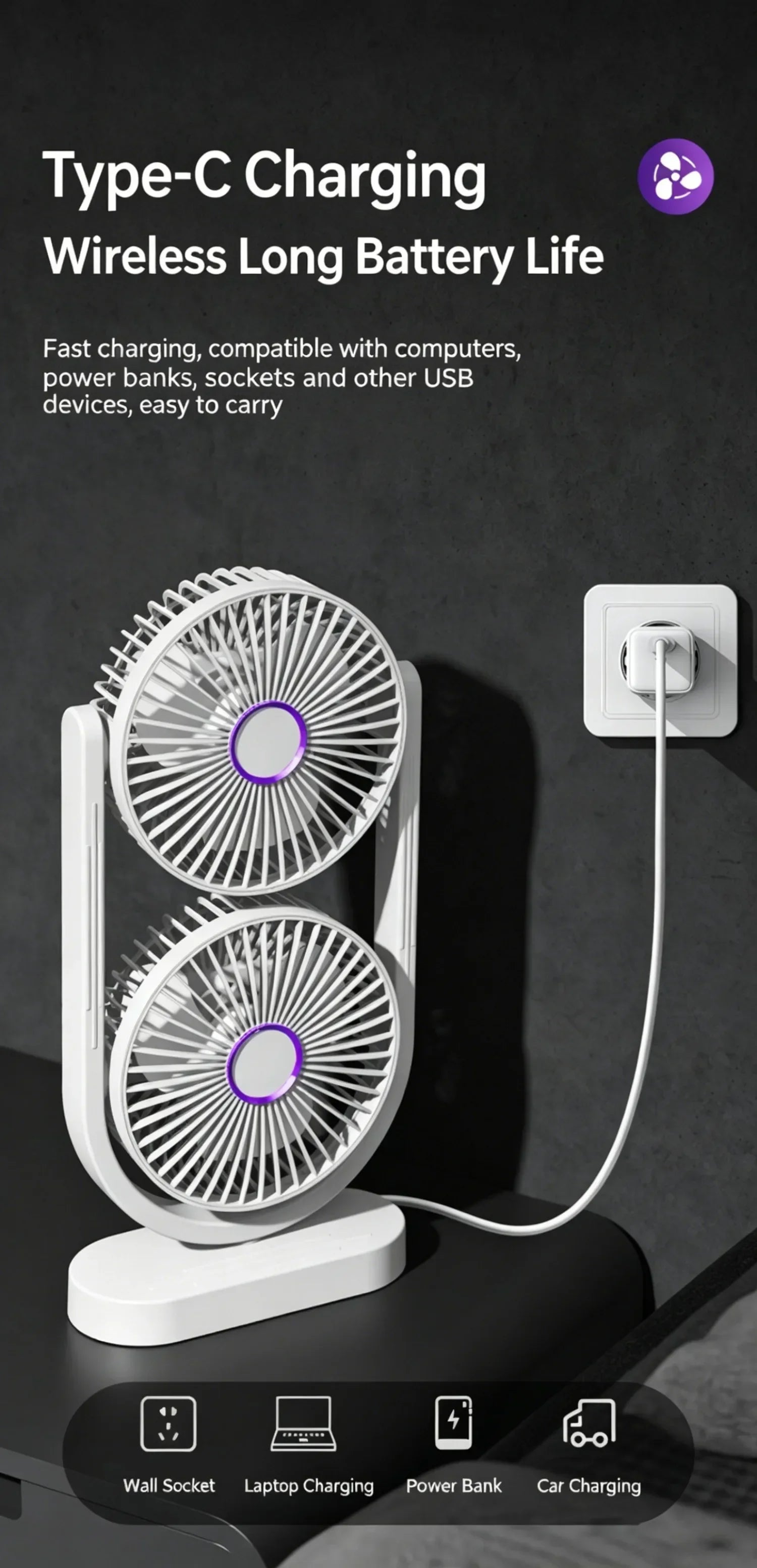 Portable Turbo Desk Fan 3 Speeds Ultra Quiet Type-C Rechargeable Dual Head Air Circulation Fan for All USB Power Sources