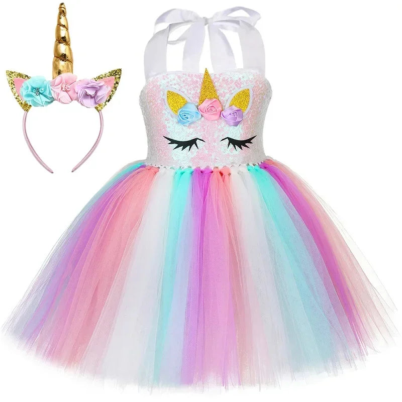 Sequins Girls Unicorn Tutu Dress Costume Flower Girls Tulle Princess Dress Toddler Kids Halloween Birthday Party Dress Up Outfit