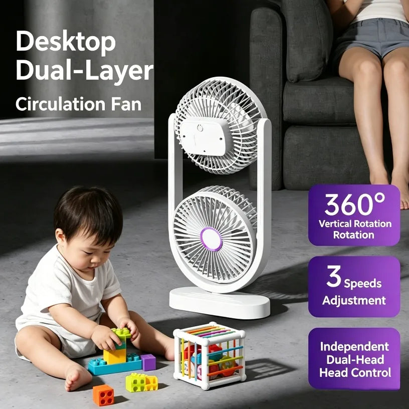 Portable Turbo Desk Fan 3 Speeds Ultra Quiet Type-C Rechargeable Dual Head Air Circulation Fan for All USB Power Sources