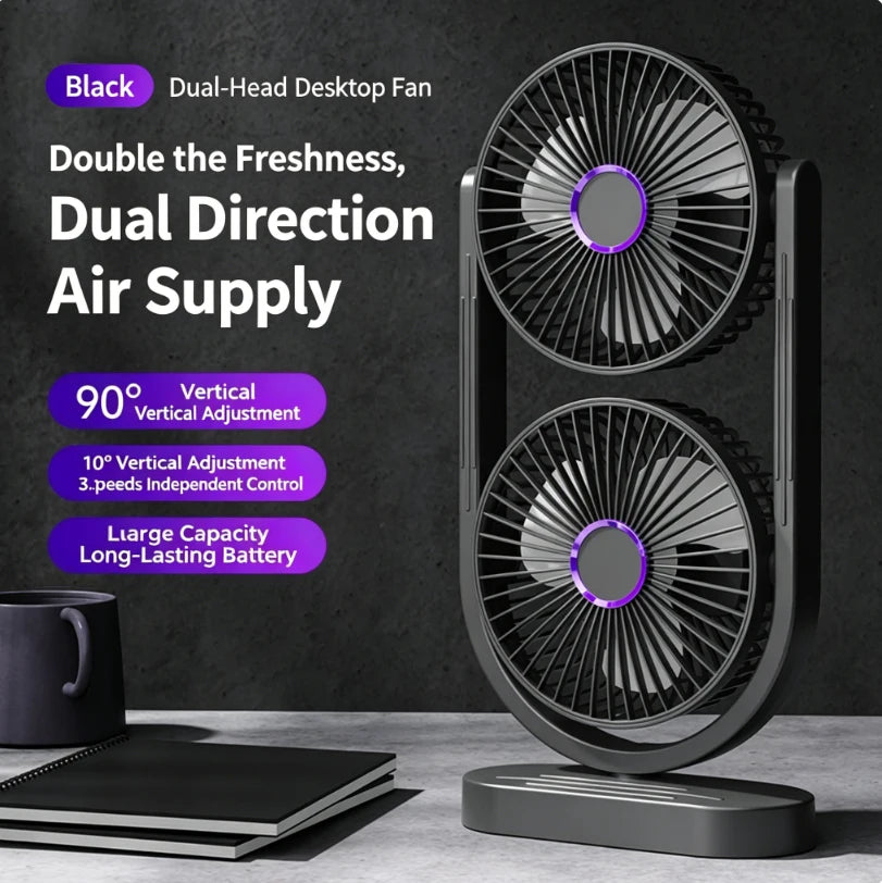 Portable Turbo Desk Fan 3 Speeds Ultra Quiet Type-C Rechargeable Dual Head Air Circulation Fan for All USB Power Sources