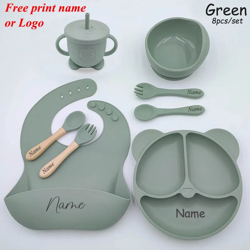 Baby Feeding Plate For Kids Personalized Baby's Name Feeding Sets Cartoon Bear Plate Customized Silicone Tableware For Children