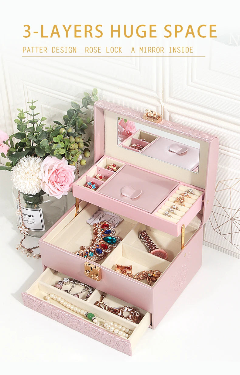 3-Layer Jewelry Storage Box with Lock for Women Watch