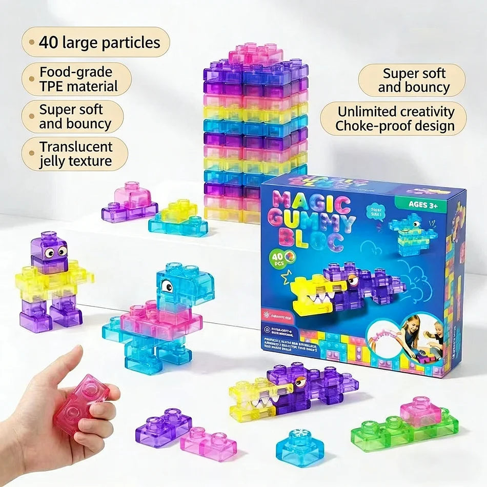40PCS Magic Gummy Bloc Soft Building Blocks for Kids, Food-Grade TPE Sensory Stacking Toys, Transparent Jelly Bricks, Educationa