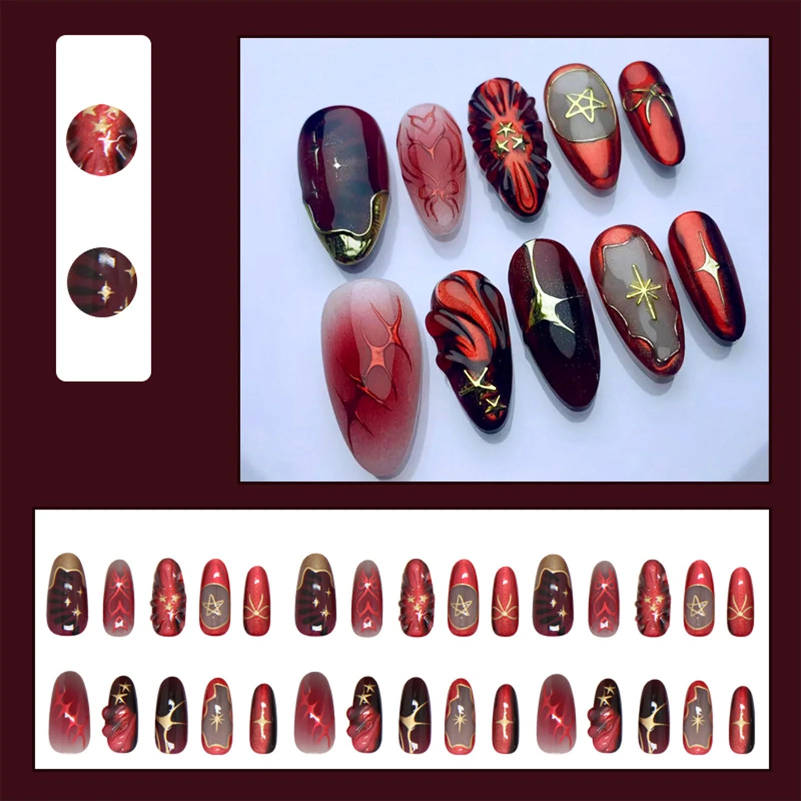 24pcs Deep Red Simple French Fake Nails Baroque Starry Ins Press on Nails For Women Wearable Detahcble Short Almond Fake Nails