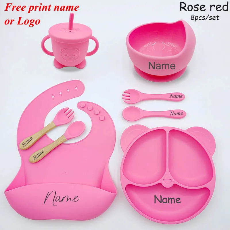Baby Feeding Plate For Kids Personalized Baby's Name Feeding Sets Cartoon Bear Plate Customized Silicone Tableware For Children