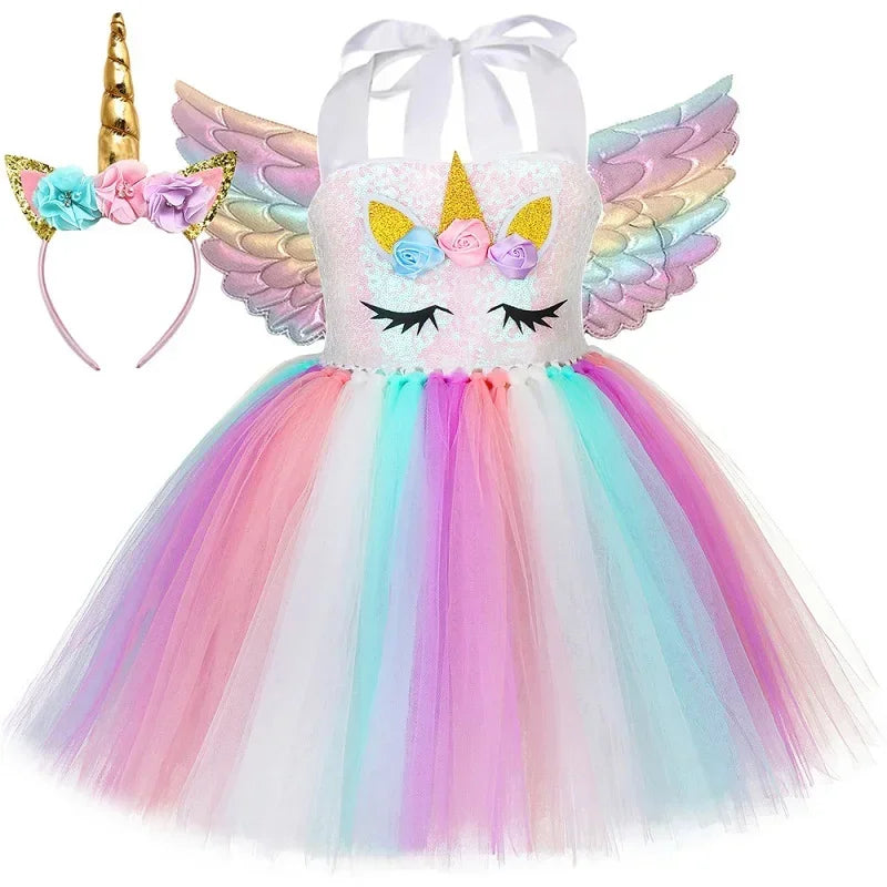 Sequins Girls Unicorn Tutu Dress Costume Flower Girls Tulle Princess Dress Toddler Kids Halloween Birthday Party Dress Up Outfit