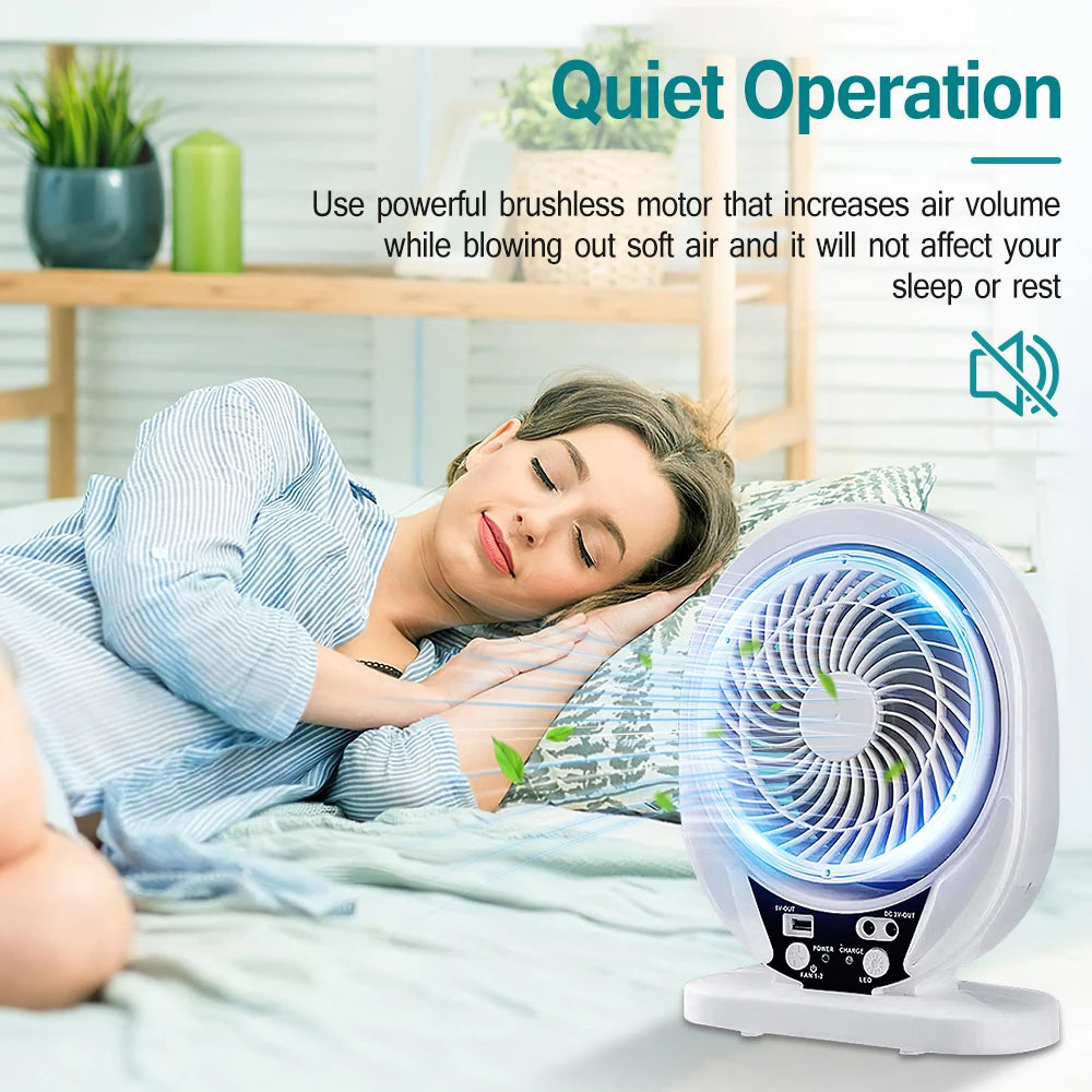 Portable Solar Fan Rechargeable Solar Powered Camping Fan with LED Bulb USB Ports Home Office Cooling Air Fan