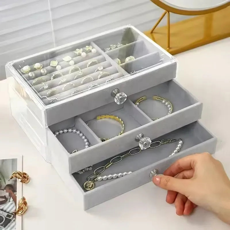 1PC Stackable 3 Layers Drawer Style Jewelry Box Beige Gray Desktop Storage Organizer for Earrings Rings Necklaces Bracelets