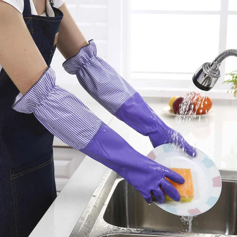 1 Pair Fashion Hemming Plus Velvet Warm Housework Gloves Kitchen Clean Durable Dish Washing Rubber Gloves