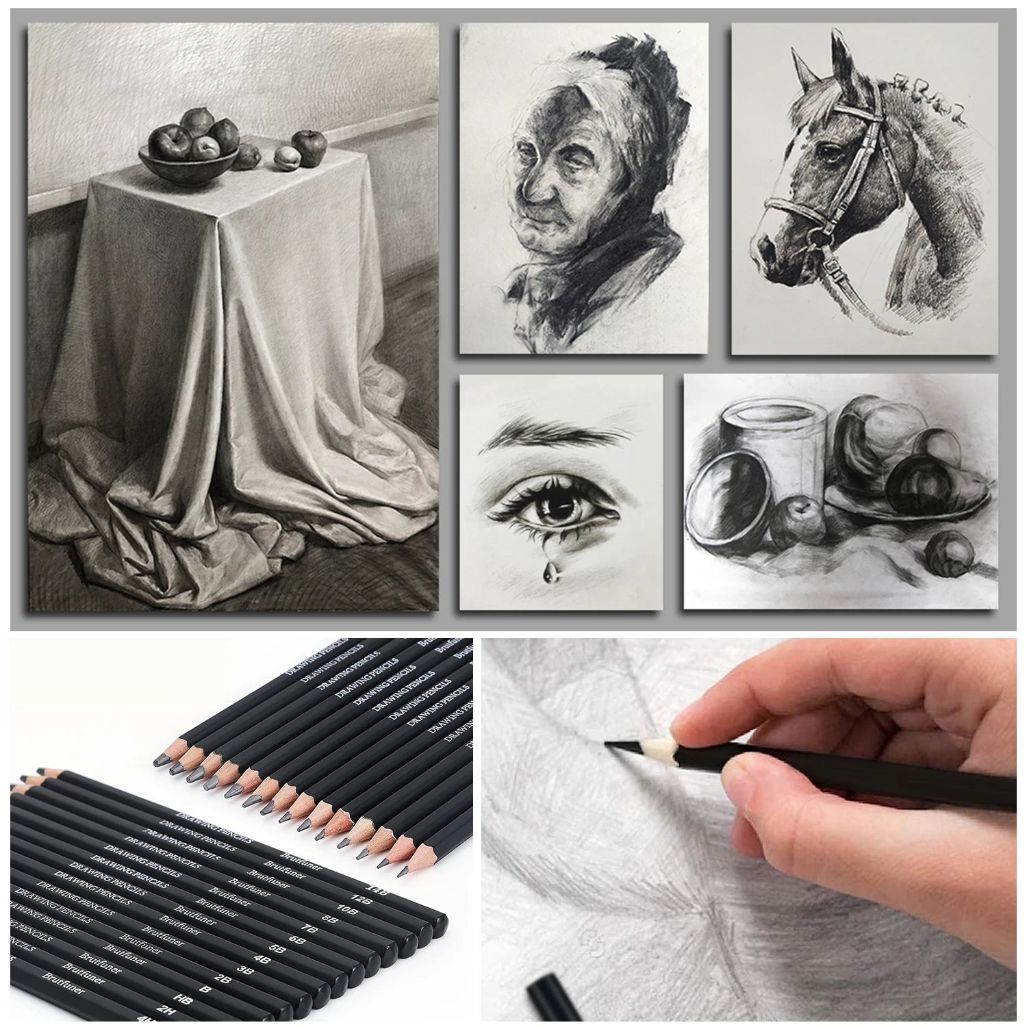 6/29 pcs Pro Sketching Drawing Pencils Set with Roll-Up Nylon Case,14 Graphite Pencils (14B-5H), Charcoal Pencils,Erasers