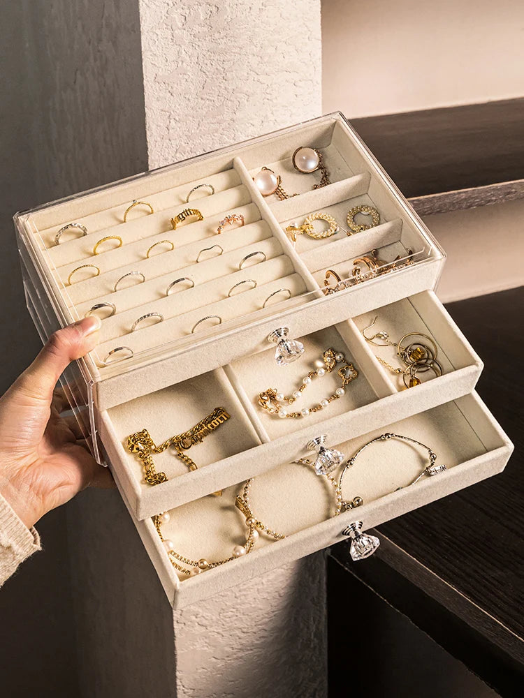 1PC Stackable 3 Layers Drawer Style Jewelry Box Beige Gray Desktop Storage Organizer for Earrings Rings Necklaces Bracelets