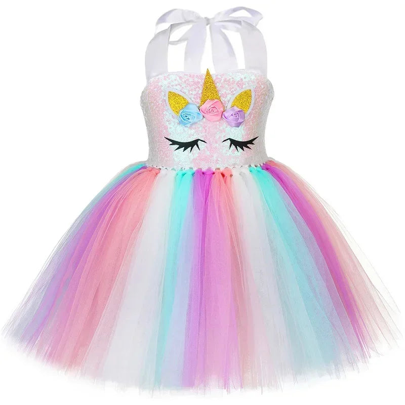 Sequins Girls Unicorn Tutu Dress Costume Flower Girls Tulle Princess Dress Toddler Kids Halloween Birthday Party Dress Up Outfit