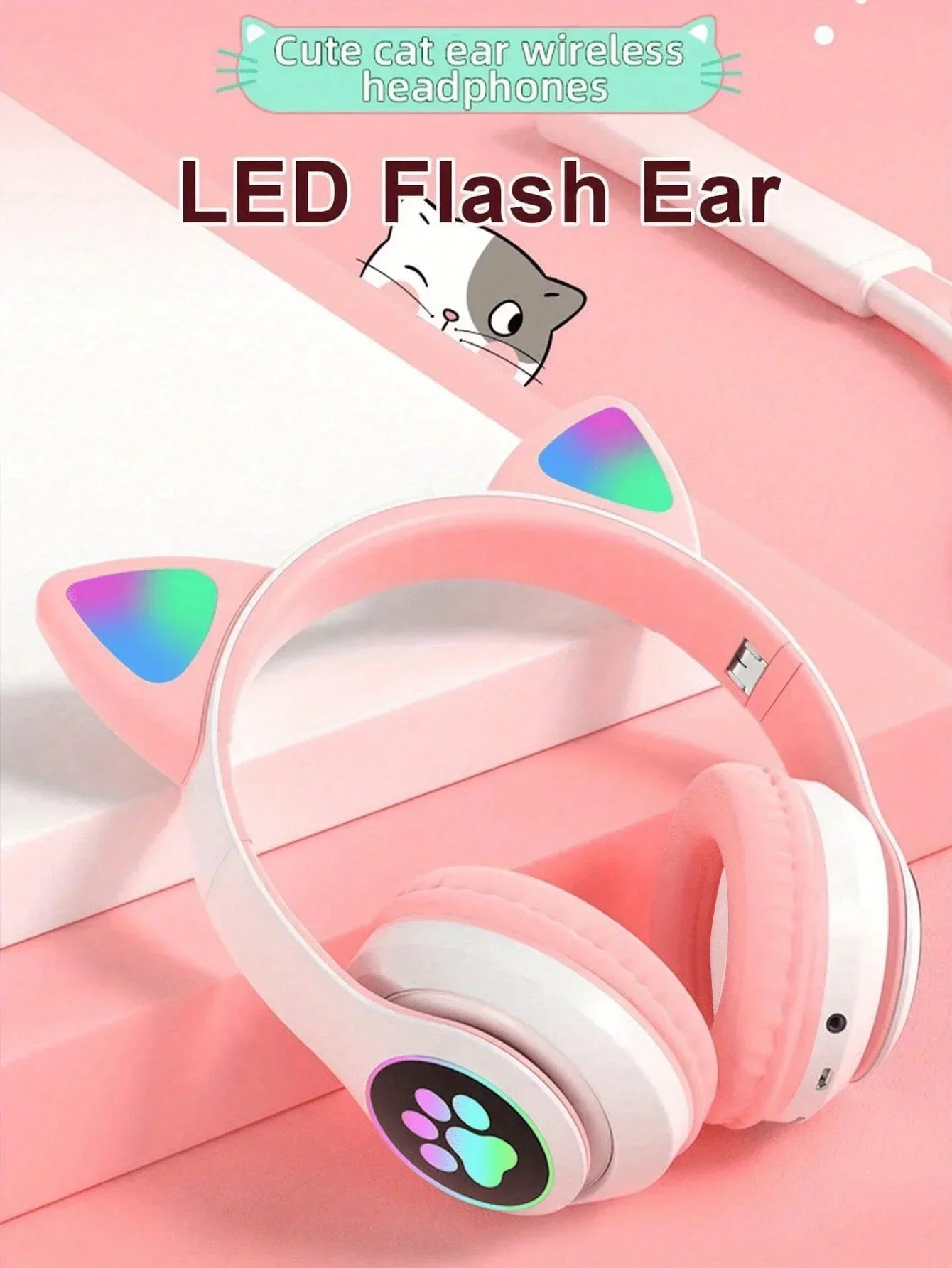 Flash Light Cute Cat Ears Wireless Headphone with Mic Control LED Kid Girl Stereo Music Helmet Phone Bluetooth Headset Gift