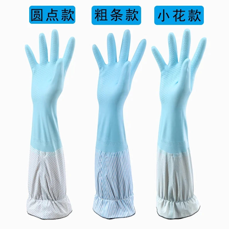 1 Pair Fashion Hemming Plus Velvet Warm Housework Gloves Kitchen Clean Durable Dish Washing Rubber Gloves