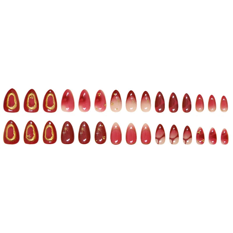 24pcs Deep Red Simple French Fake Nails Baroque Starry Ins Press on Nails For Women Wearable Detahcble Short Almond Fake Nails