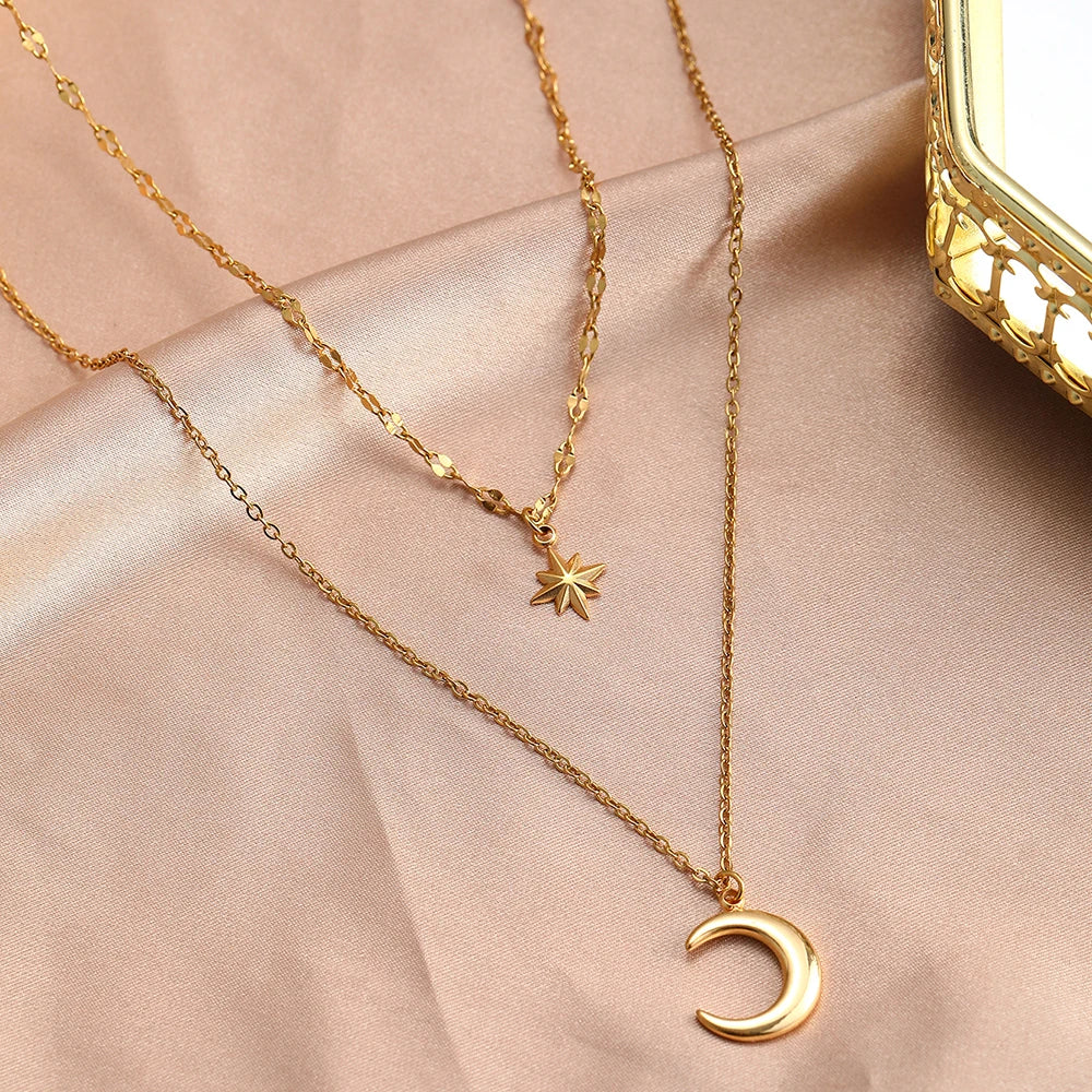 DOTIFI Stainless Steel Eight-Pointed Star Moon Pendant Double-Layer Necklace Women's Fashion Minimalist Commuter Chain Jewelry