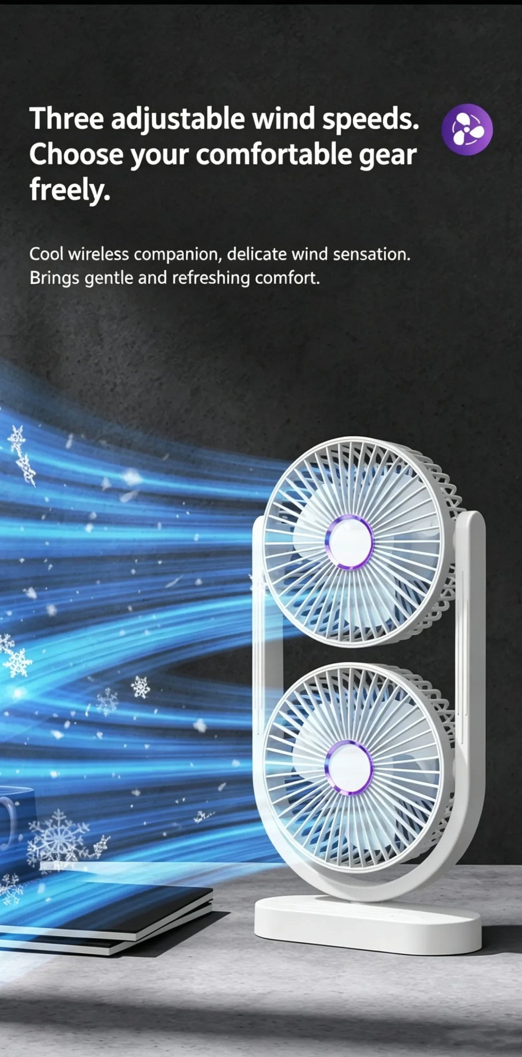 Portable Turbo Desk Fan 3 Speeds Ultra Quiet Type-C Rechargeable Dual Head Air Circulation Fan for All USB Power Sources