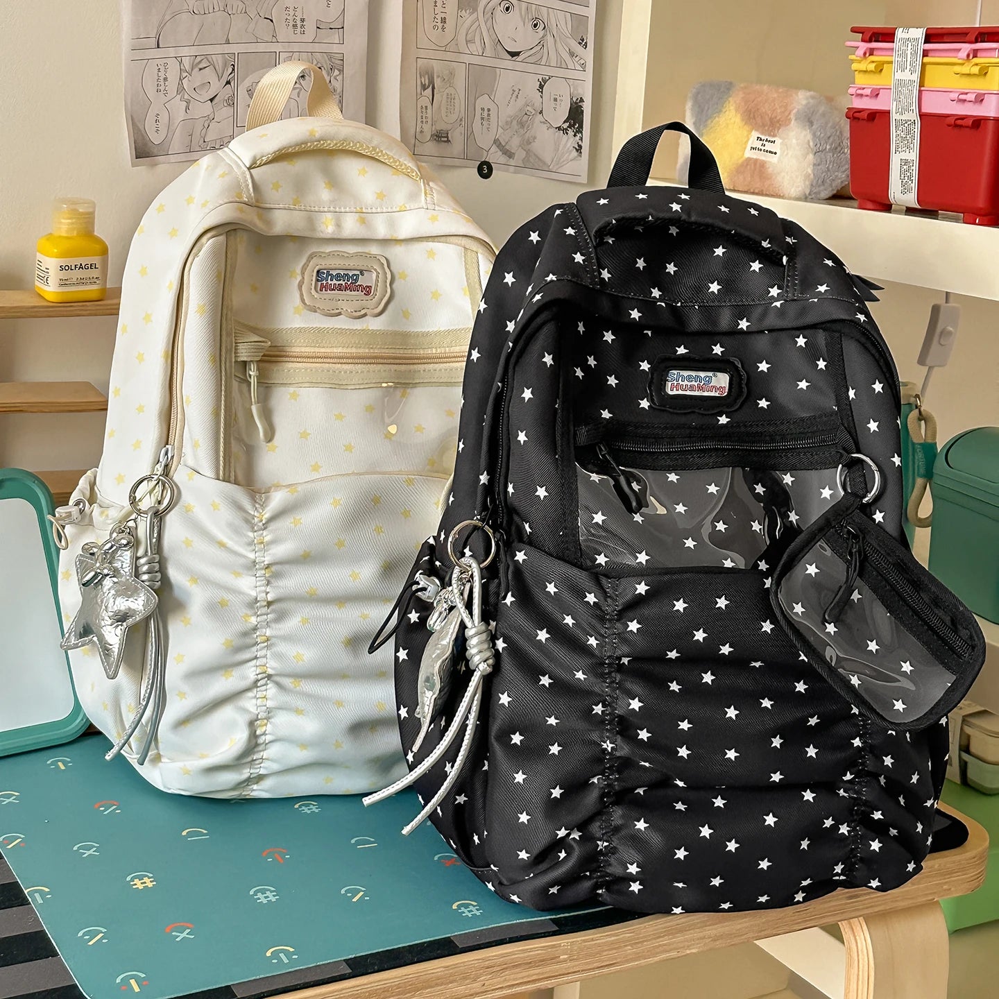 Women's Nylon Star Print Transparent Pocket Backpack Cute Casual Daily School Book Back Packs 2026 Girls Nylon Cute Backpacks
