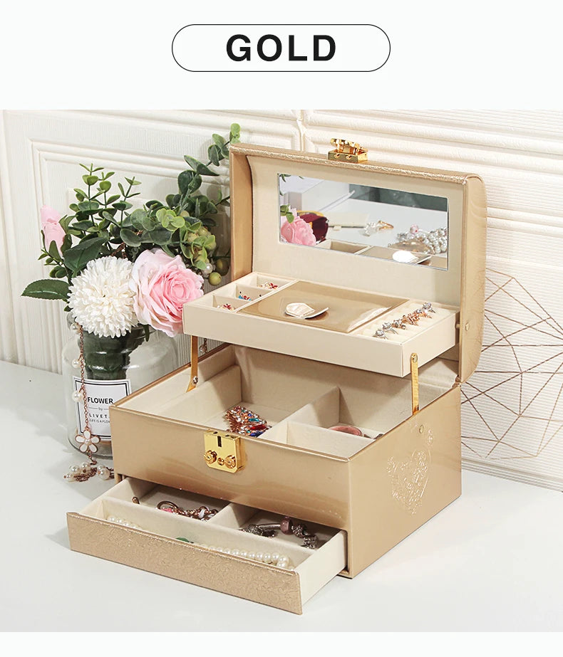3-Layer Jewelry Storage Box with Lock for Women Watch