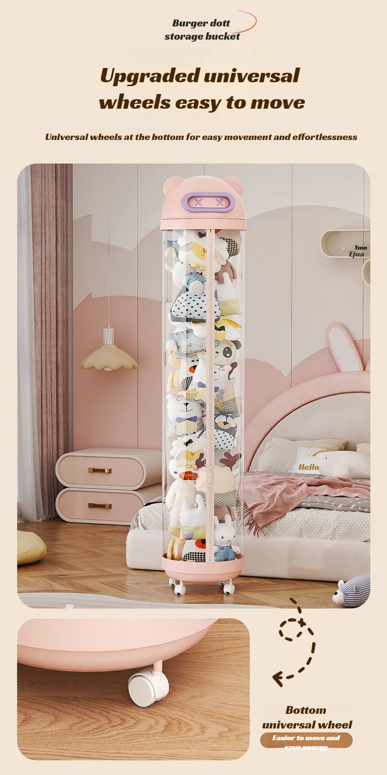 Large Transparent Toy Storage Bucket with Wheels – Kids’ Plush Organizer