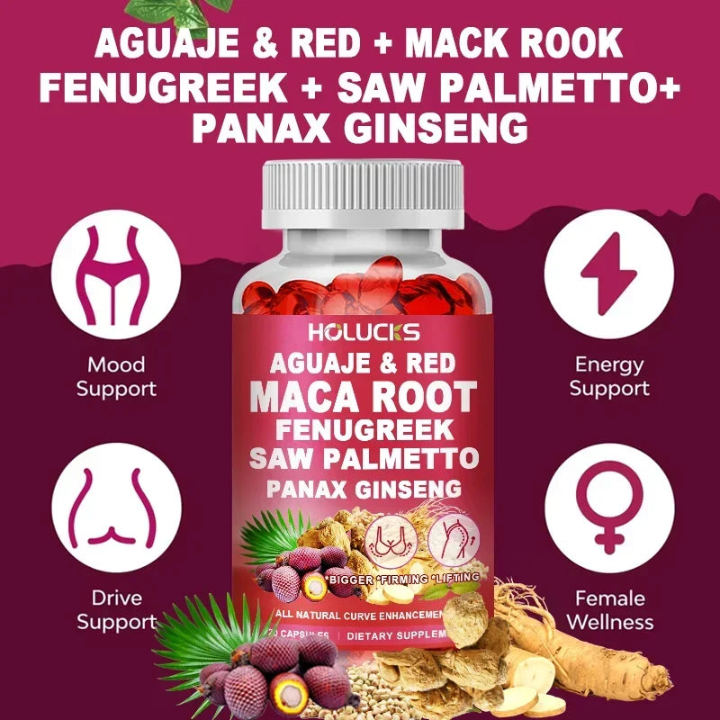 HOLUCKS Aguaje & Red Maca Capsules, with Fenugreek & Panax Ginseng, Support Curve Lifting, Skin Elasticity & Female Vitality