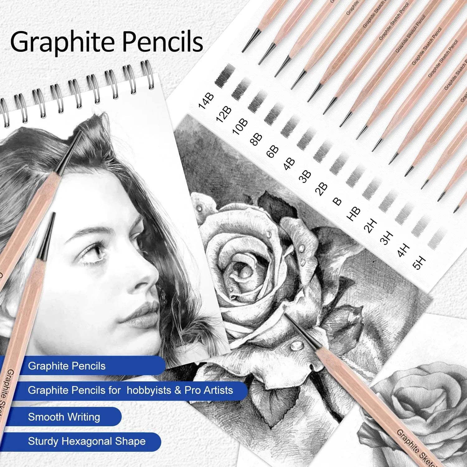 6/29 pcs Pro Sketching Drawing Pencils Set with Roll-Up Nylon Case,14 Graphite Pencils (14B-5H), Charcoal Pencils,Erasers