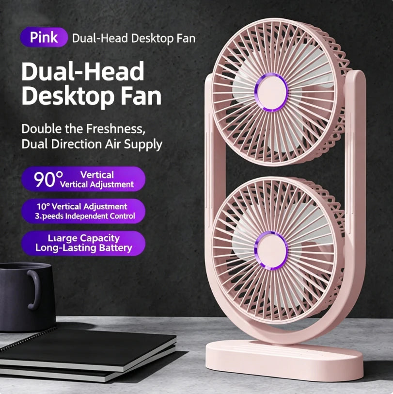 Portable Turbo Desk Fan 3 Speeds Ultra Quiet Type-C Rechargeable Dual Head Air Circulation Fan for All USB Power Sources