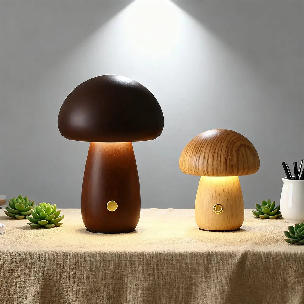 INS Wooden Creative Mushroom Night Light Stepless Dimming Bedside Table Lamp 3 Color Rechargeable Sleeping Nightlights For Room
