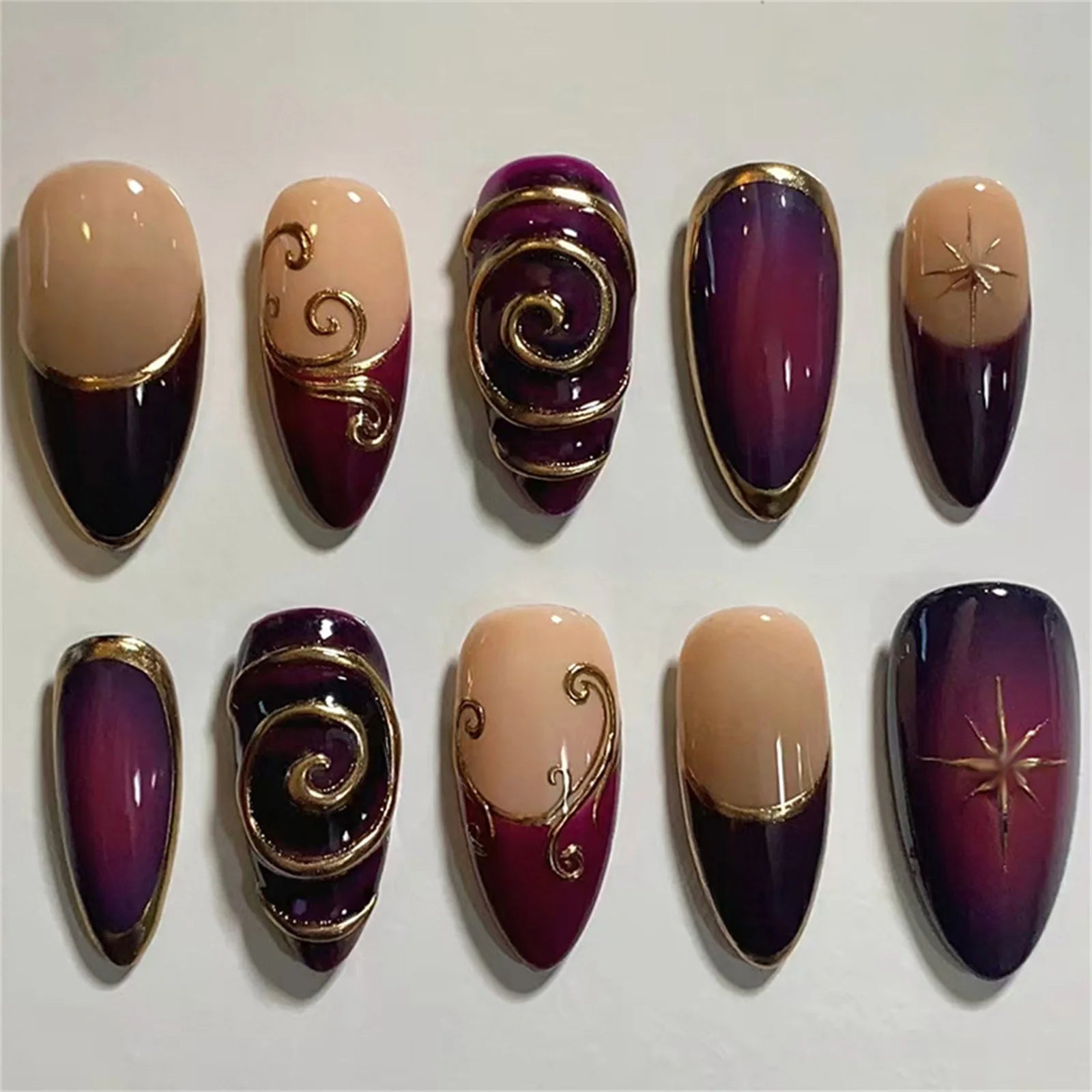 24pcs Deep Red Simple French Fake Nails Baroque Starry Ins Press on Nails For Women Wearable Detahcble Short Almond Fake Nails