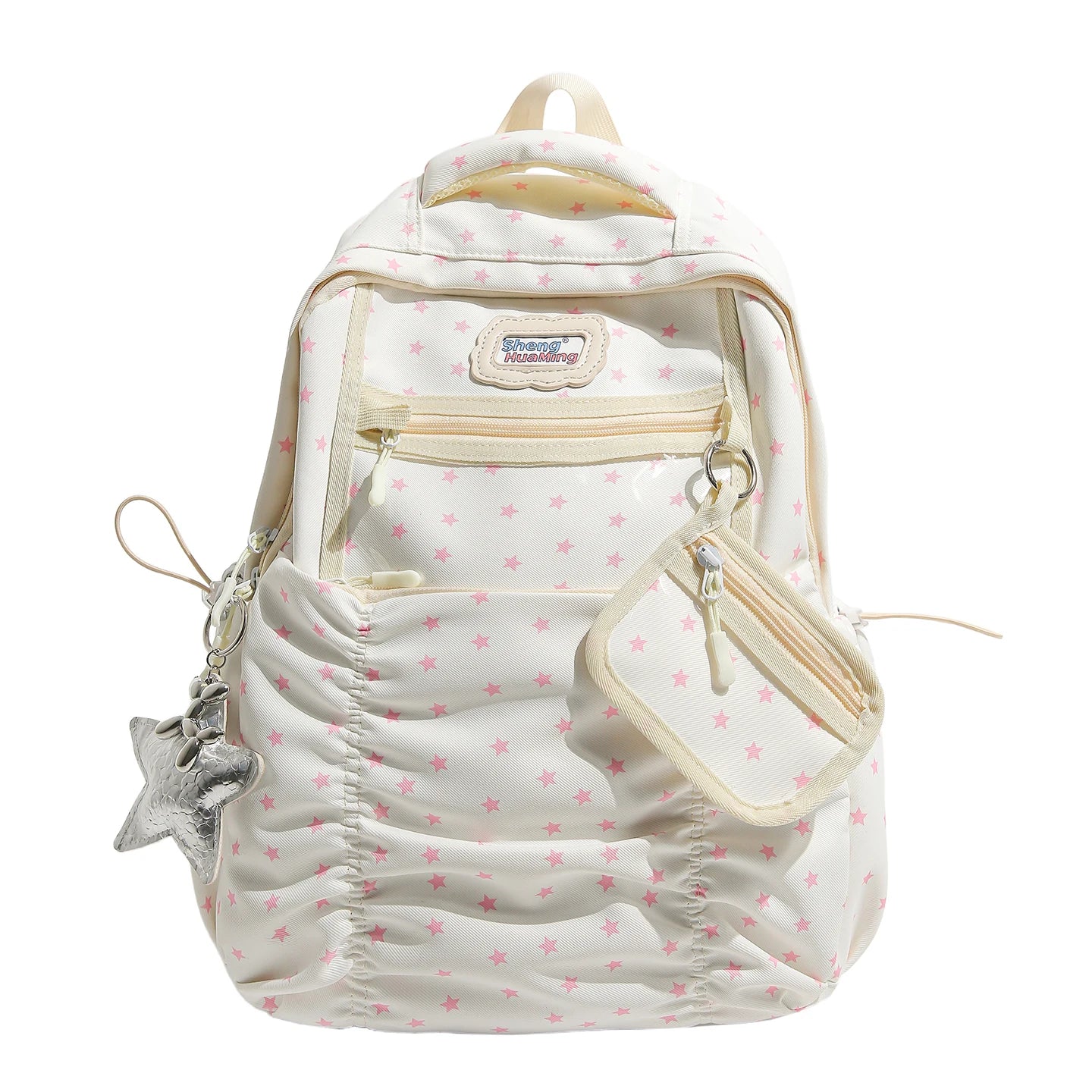 Women's Nylon Star Print Transparent Pocket Backpack Cute Casual Daily School Book Back Packs 2026 Girls Nylon Cute Backpacks