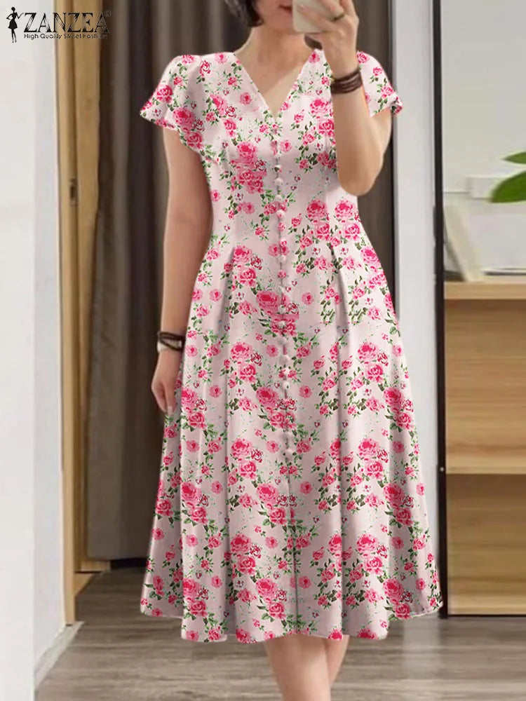 ZANZEA Women Fashion All-over Floral Print Party Dress Elegant V Neck Ruffle Short Sleeve Midi Dresses Casual A-line Vestidos