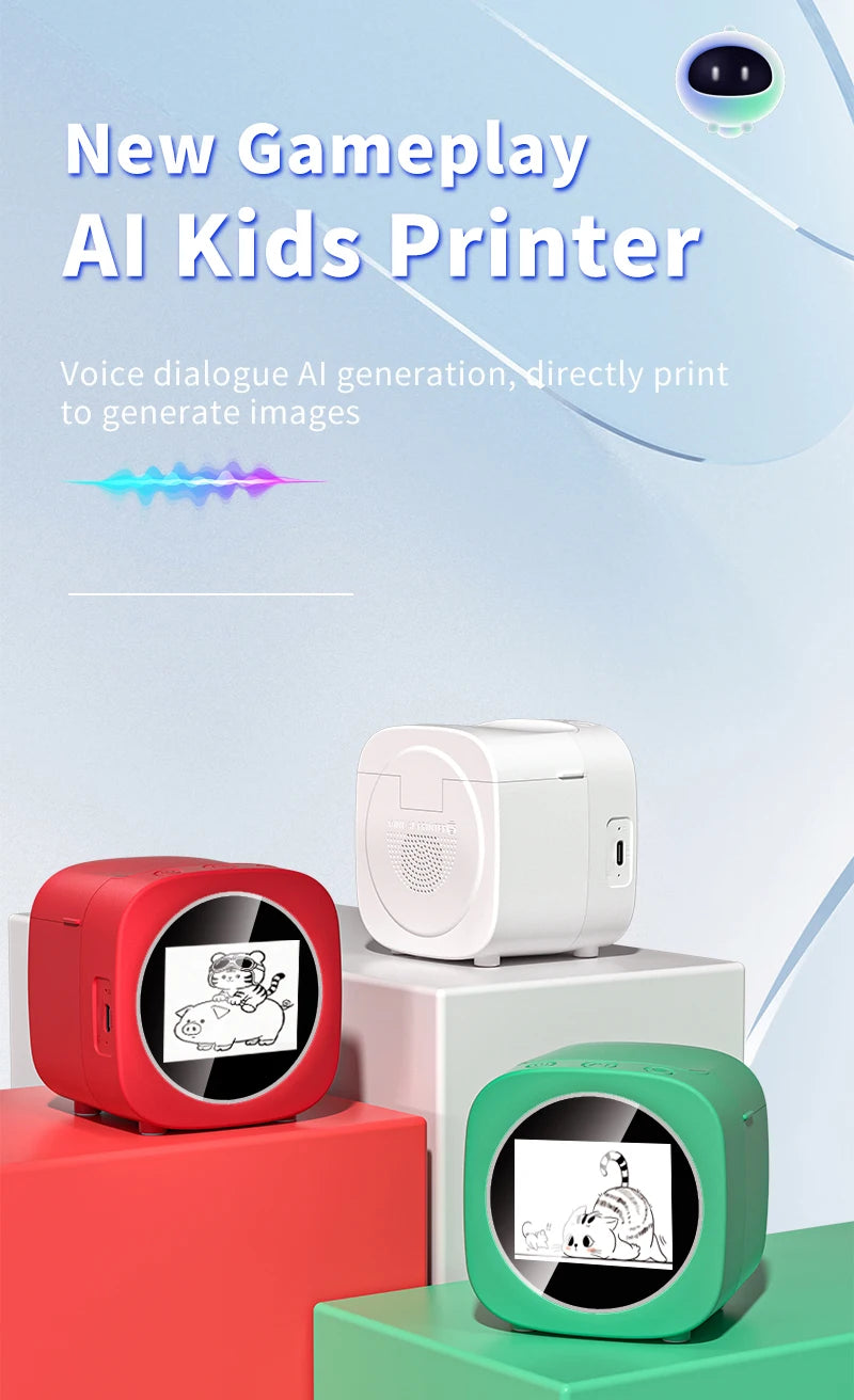 New AI Sticker Box AI Voice Activated Sticker Maker for Kids Instant Inkless Thermal Printer with Push-to-Talk Image Generation