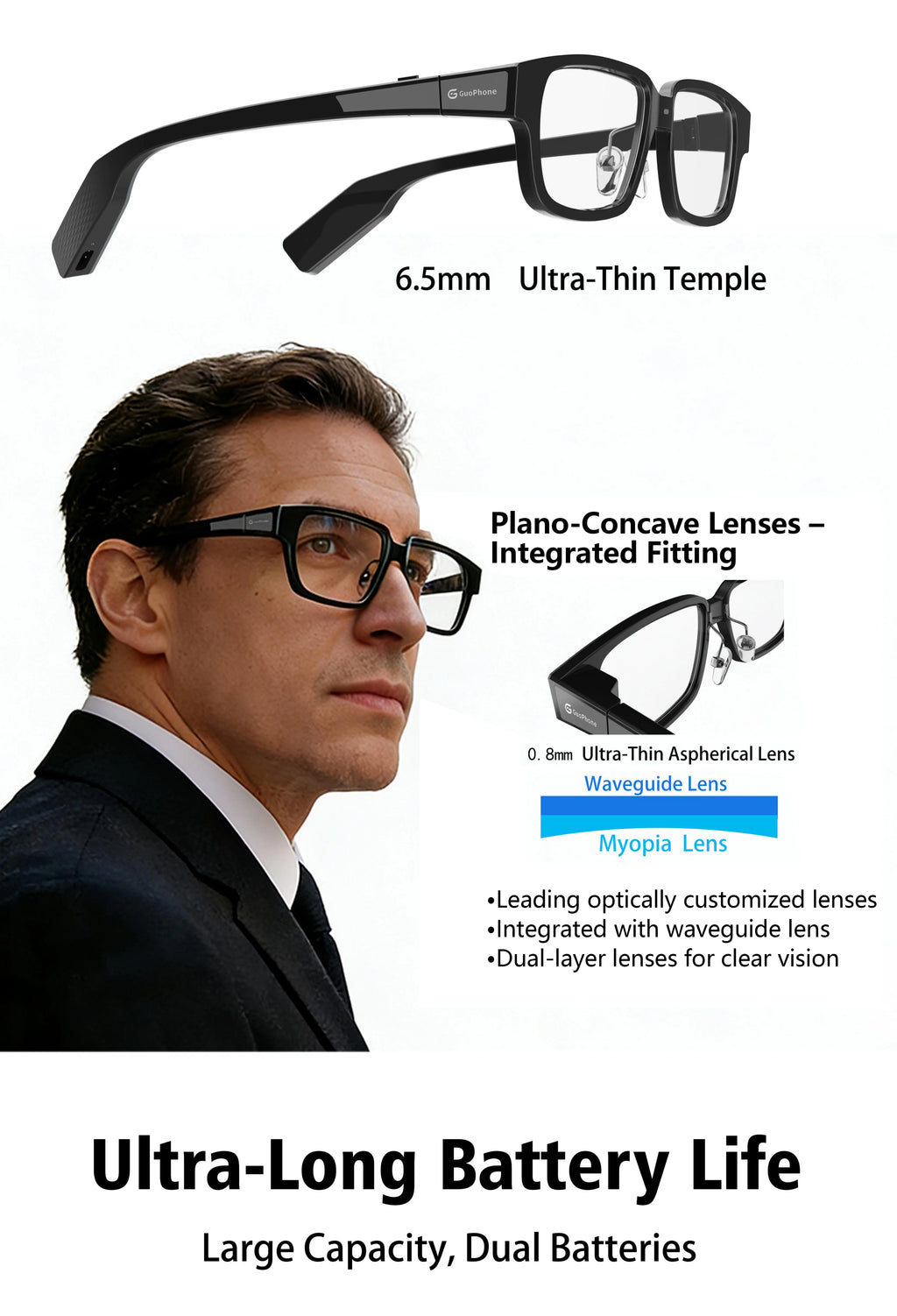 G3 Smart AR Glasses  Diffractive Waveguide, Dual Display, AI Translator, Bluetooth 5.3, 2500 Nits, 38g