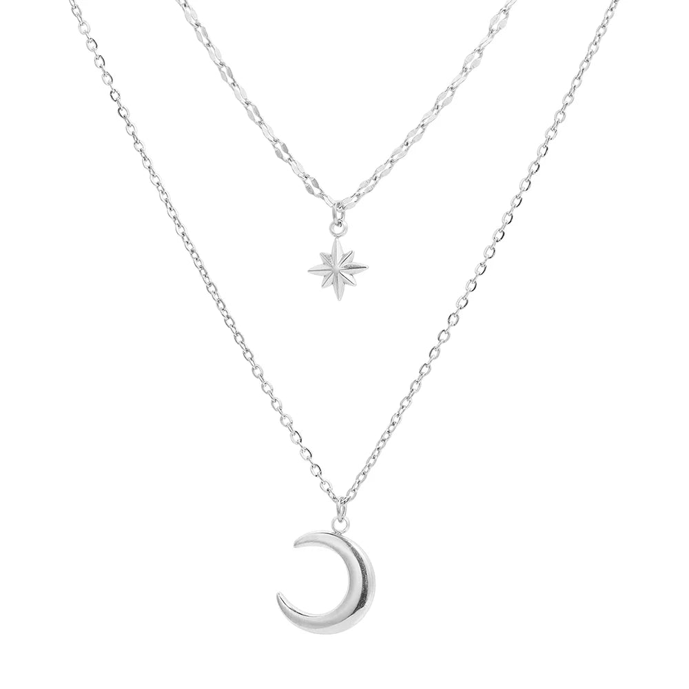 DOTIFI Stainless Steel Eight-Pointed Star Moon Pendant Double-Layer Necklace Women's Fashion Minimalist Commuter Chain Jewelry