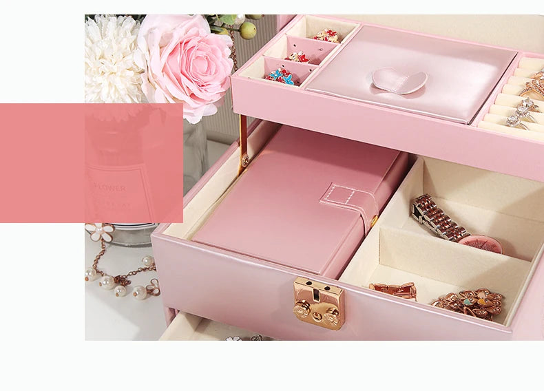 3-Layer Jewelry Storage Box with Lock for Women Watch