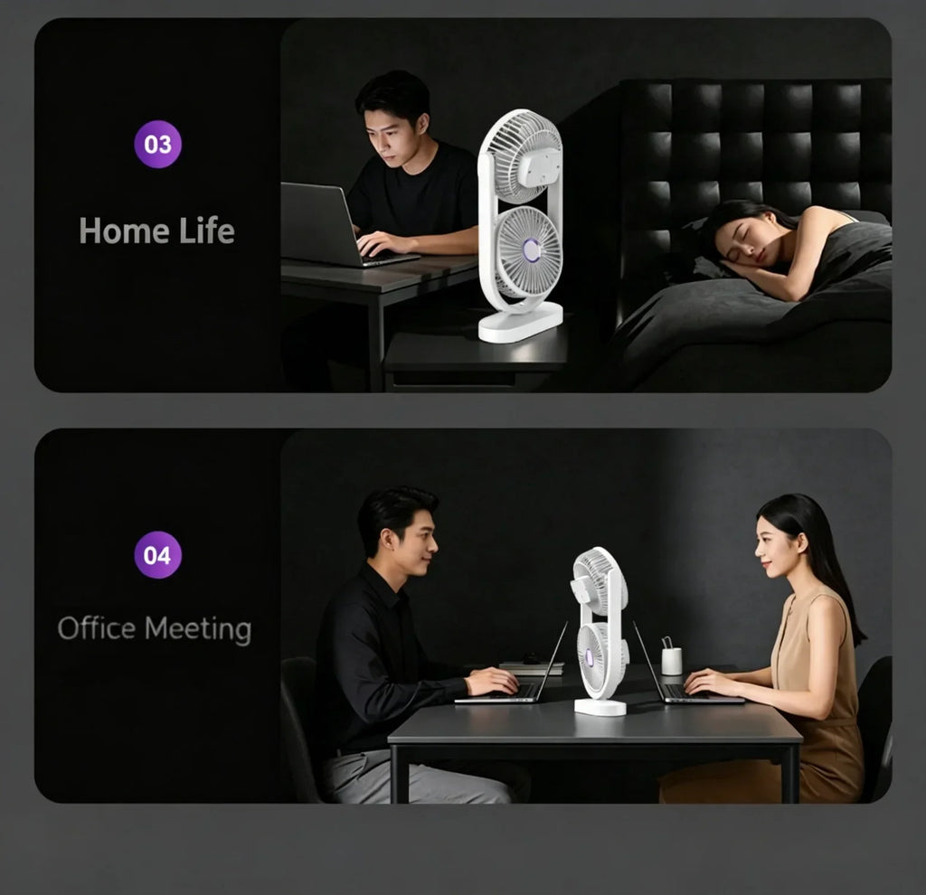 Portable Turbo Desk Fan 3 Speeds Ultra Quiet Type-C Rechargeable Dual Head Air Circulation Fan for All USB Power Sources