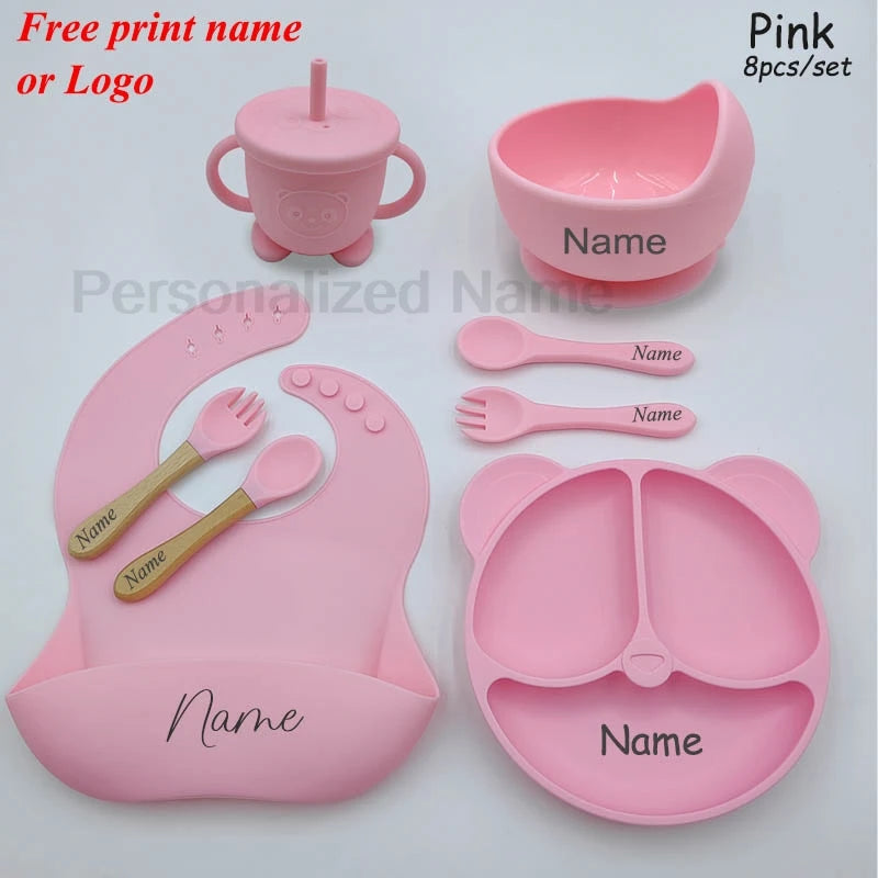 Baby Feeding Plate For Kids Personalized Baby's Name Feeding Sets Cartoon Bear Plate Customized Silicone Tableware For Children