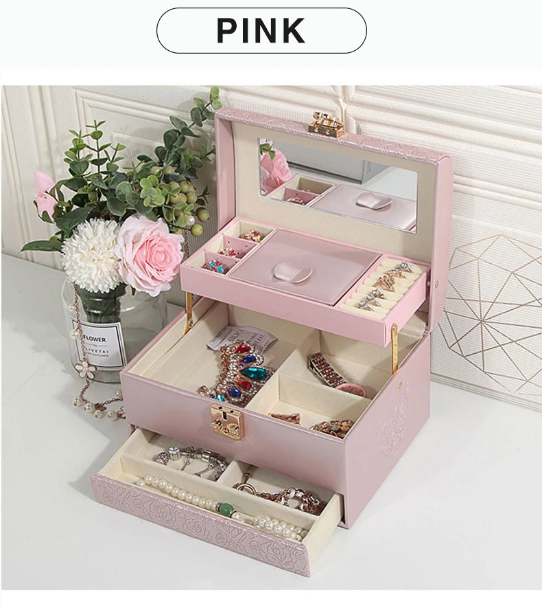 3-Layer Jewelry Storage Box with Lock for Women Watch